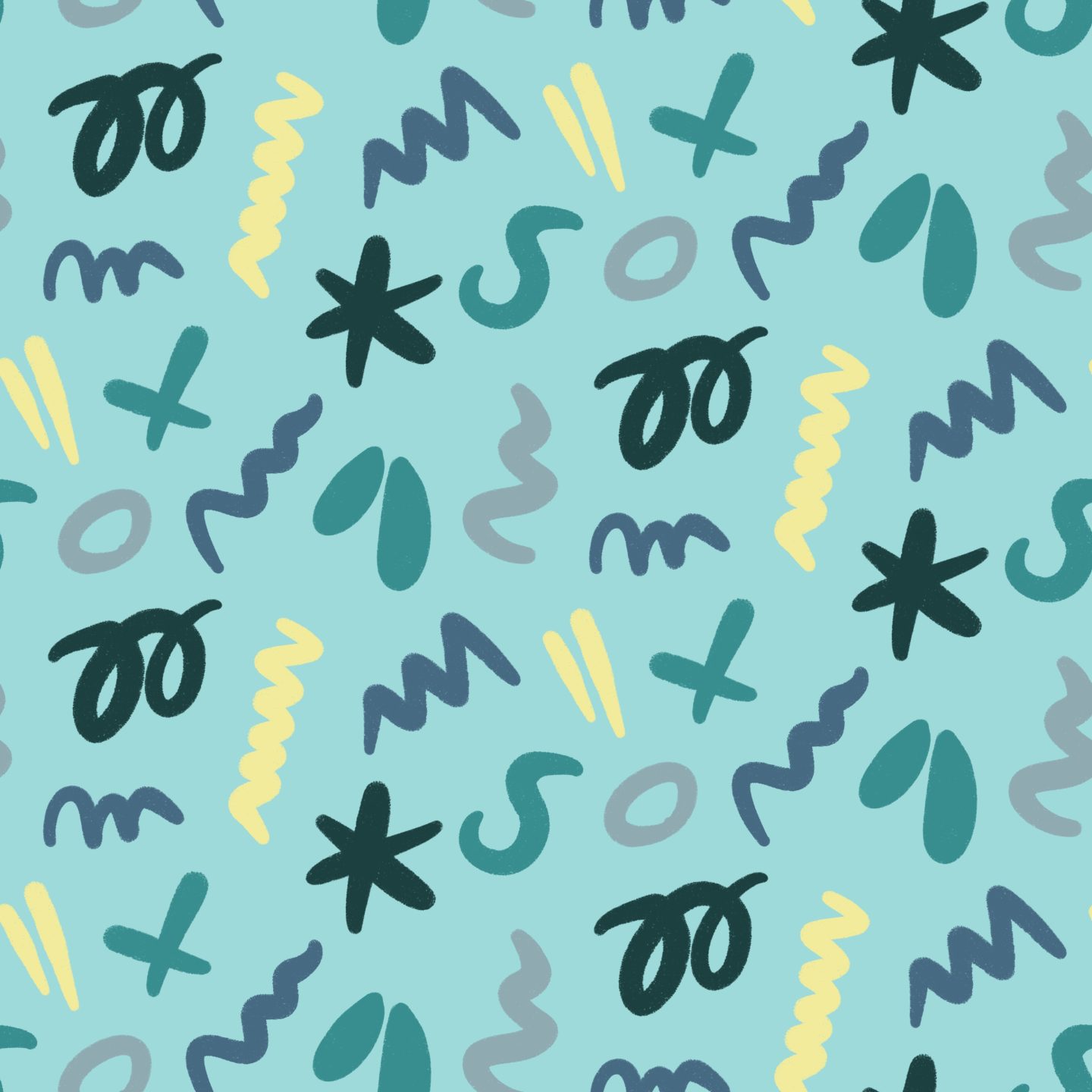 Colorful Abstract pattern with teal, yellow, navy, and blue abstract marks on aqua ground
