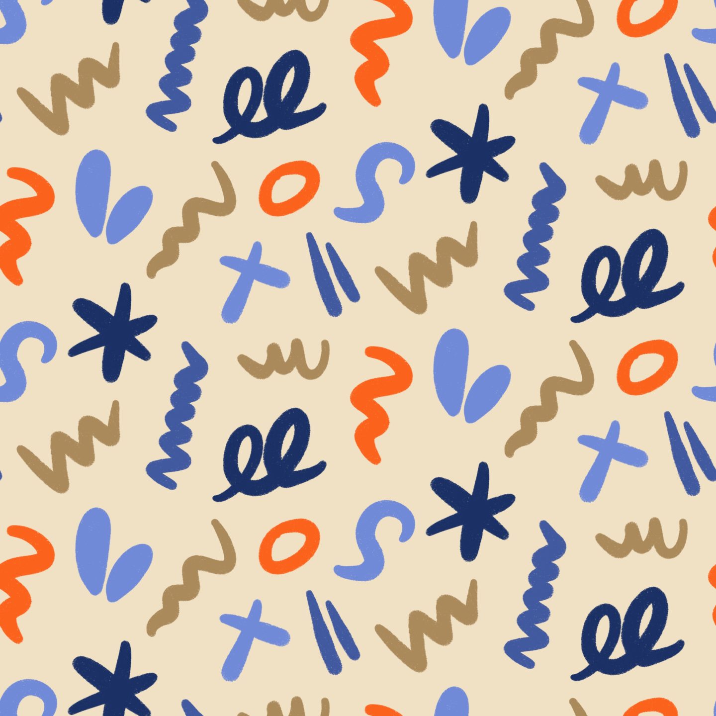 Colorful Abstract pattern with blue, orange, navy, and tan abstract marks on cream ground