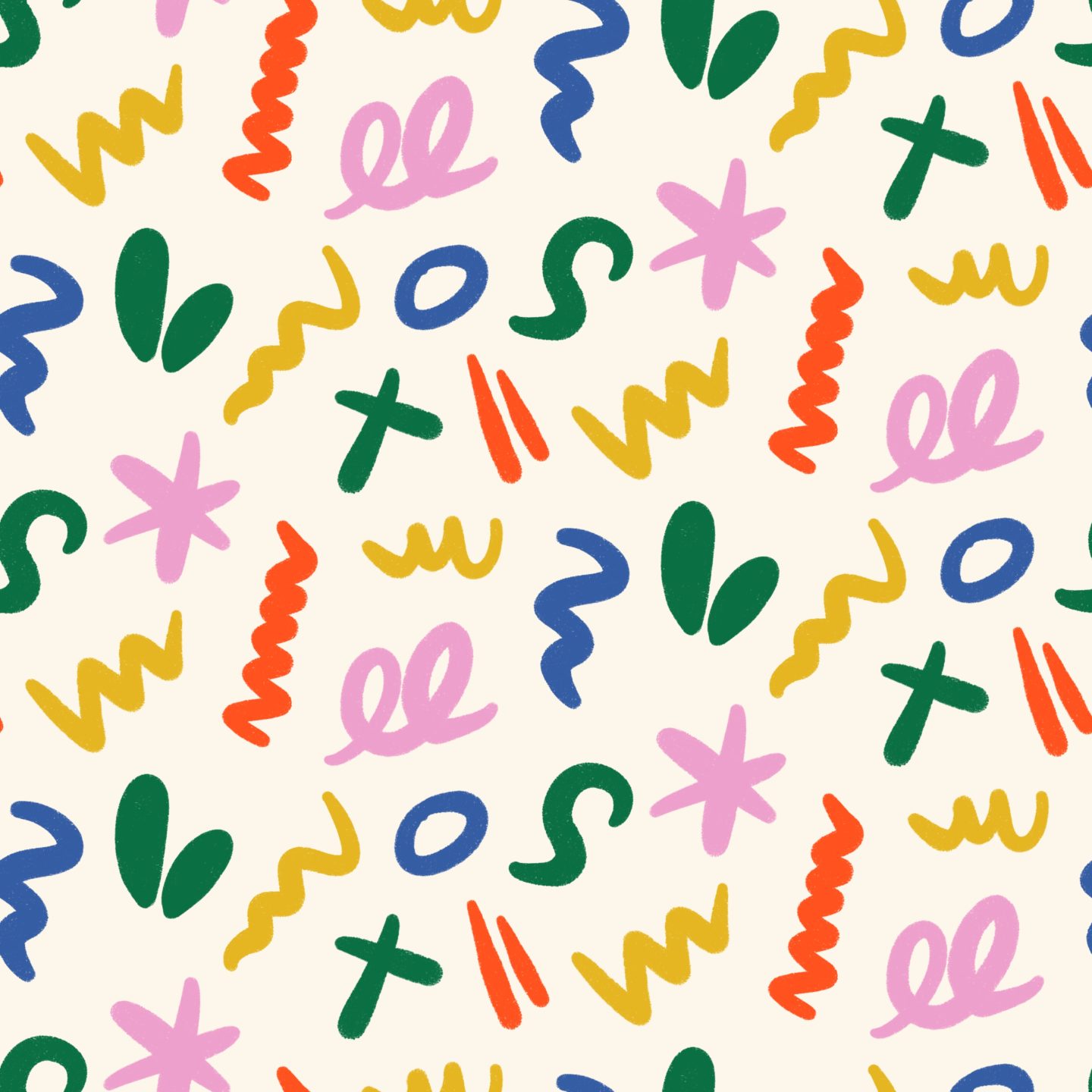 Colorful Abstract pattern with green, blue, yellow, orange, and pink abstract marks on cream ground