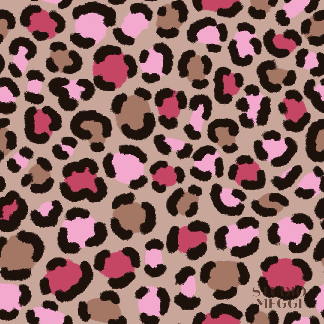 Leopard print with black spots, blush pink, berry, and taupe from Blush Safari for children’s fabric