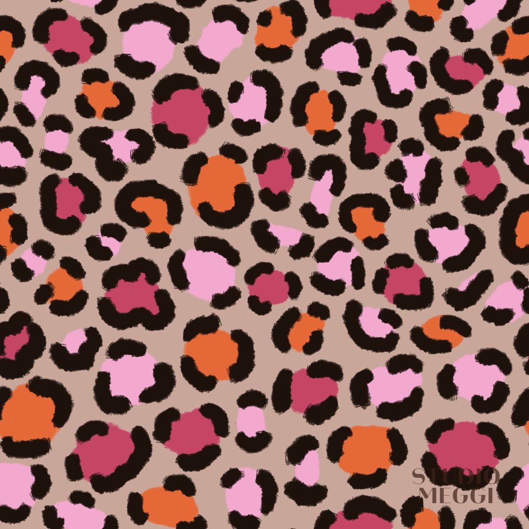 Bold leopard print with black spots, coral, pink, and taupe from Blush Safari for children’s fabric