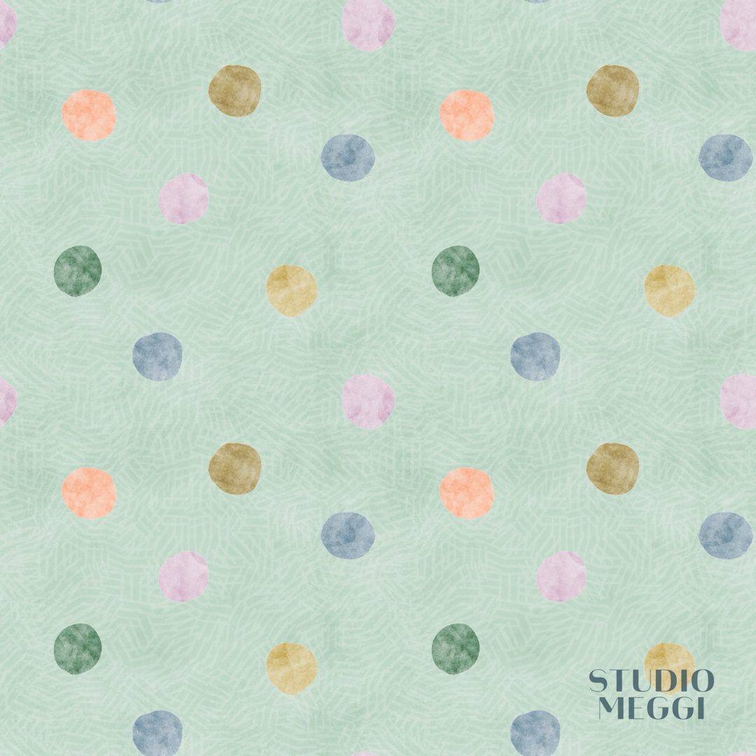 Watercolor dots in blue, peach, olive, and purple on mint green texture for children’s fabric