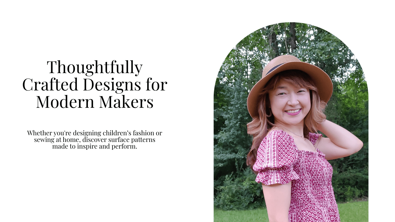 Portrait of surface pattern designer Meg from Studio Meggi, smiling outdoors in a handmade dress and sunhat.