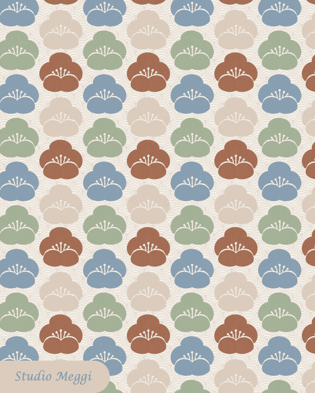 Retro floral pattern in sage, dusty blue, clay, and cream with seigaiha wave texture for children’s fabric by Studio Meggi from the Seigaiha Bloom 1975 collection.