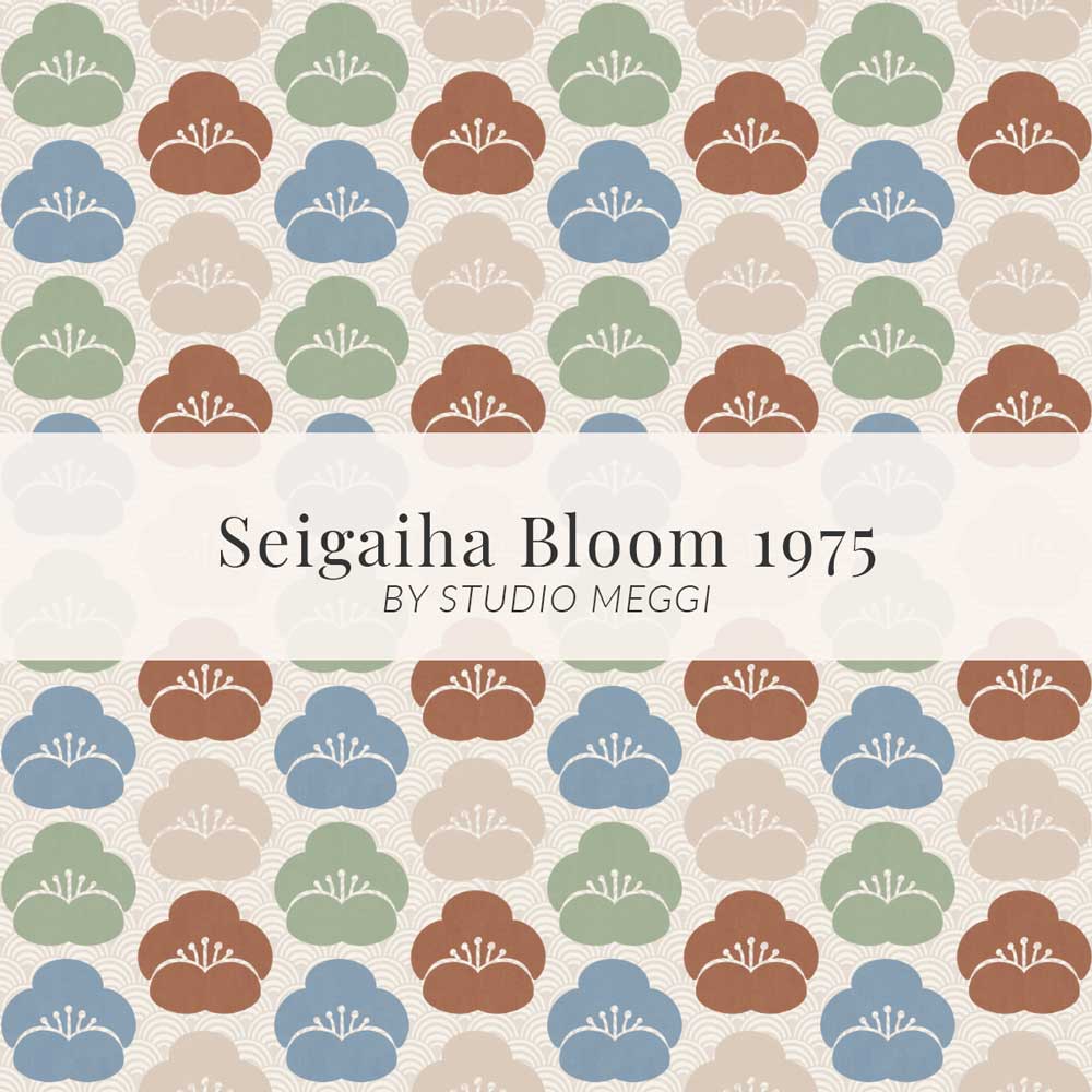 Seigaiha Bloom 1975 fabric pattern by StudioMeggi, featuring stylized dusty blue, warm terracotta, and moss green floral motifs over subtle wave textures.
