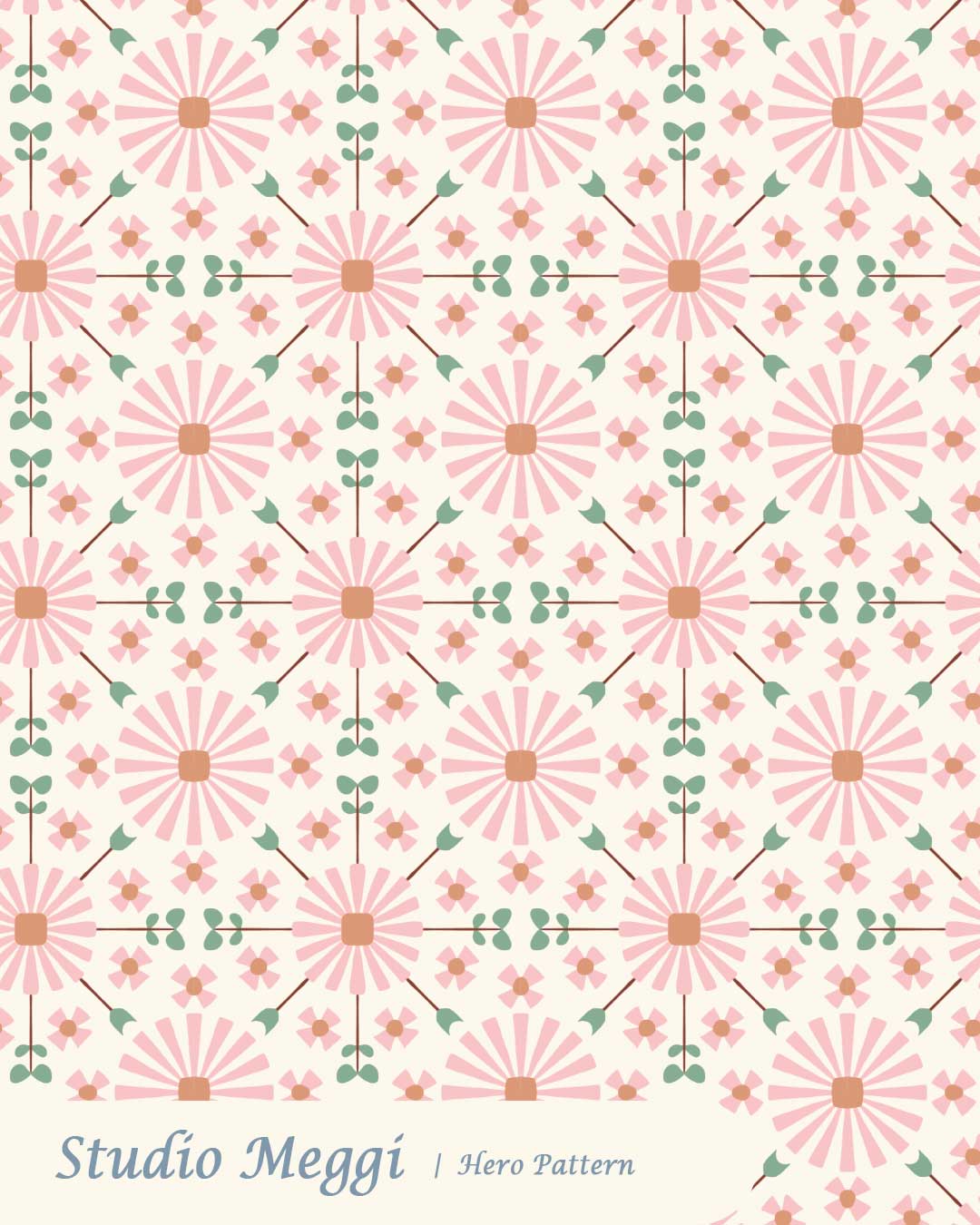 Pink floral mosaic pattern with sage green vine details for children’s fabric and quilting.