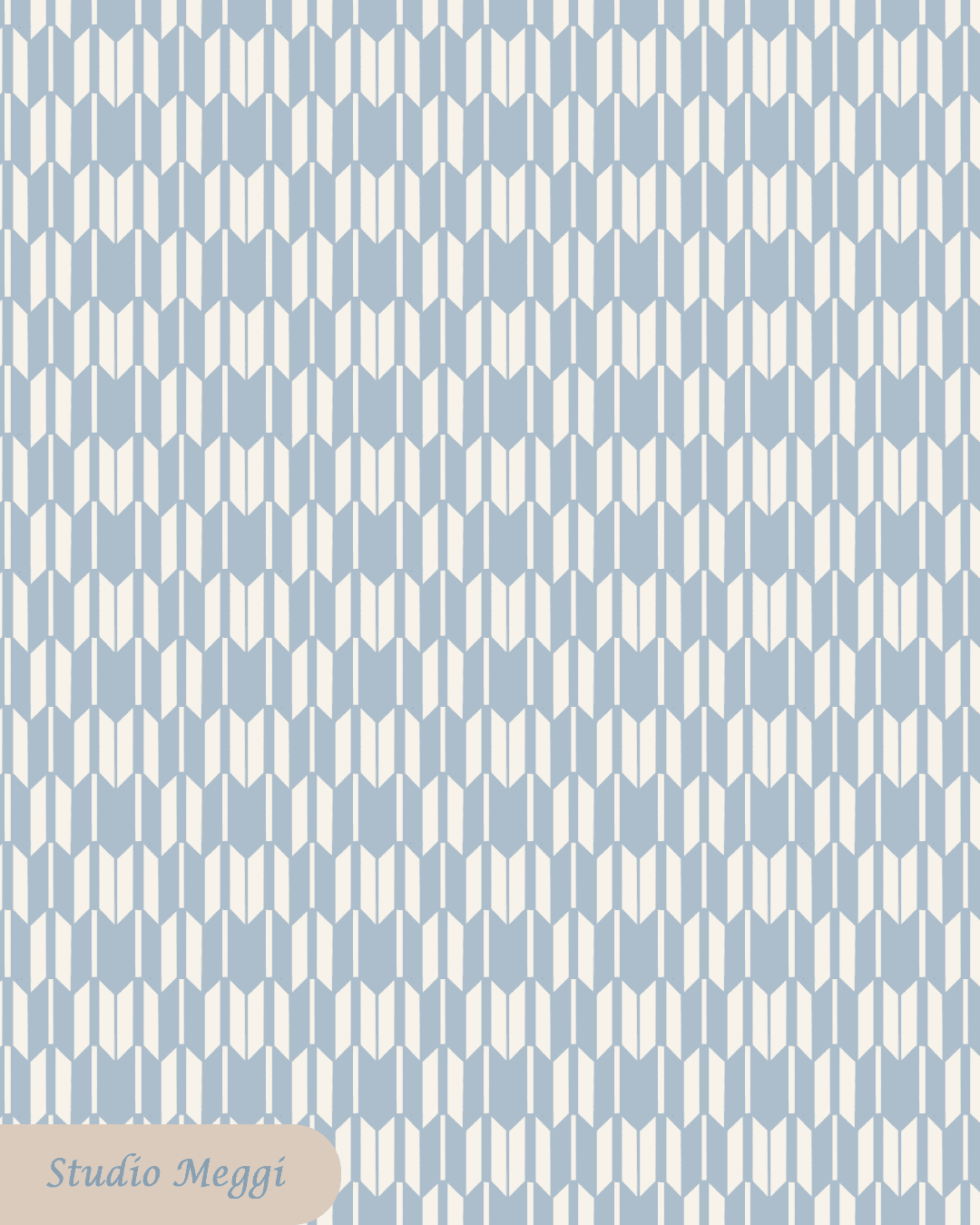Faded indigo geometric arrow pattern on cream background for children’s fabric from the Seigaiha Bloom 1975 collection by Studio Meggi.