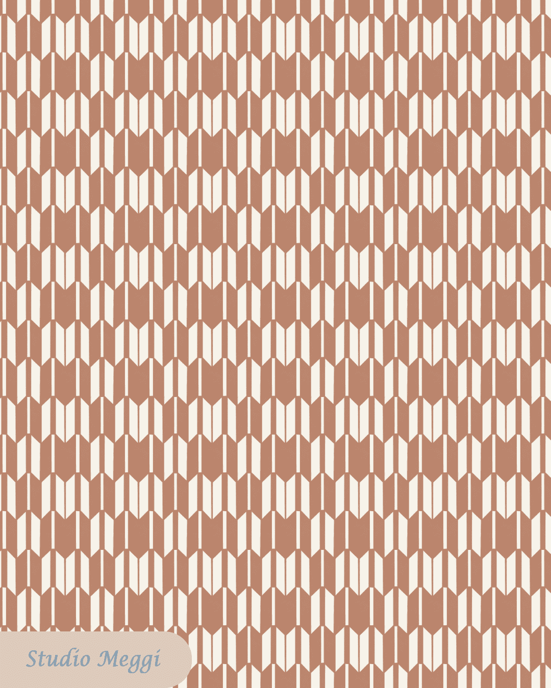 Warm terracotta geometric arrow pattern on cream background for children’s fabric from the Seigaiha Bloom 1975 collection by Studio Meggi.