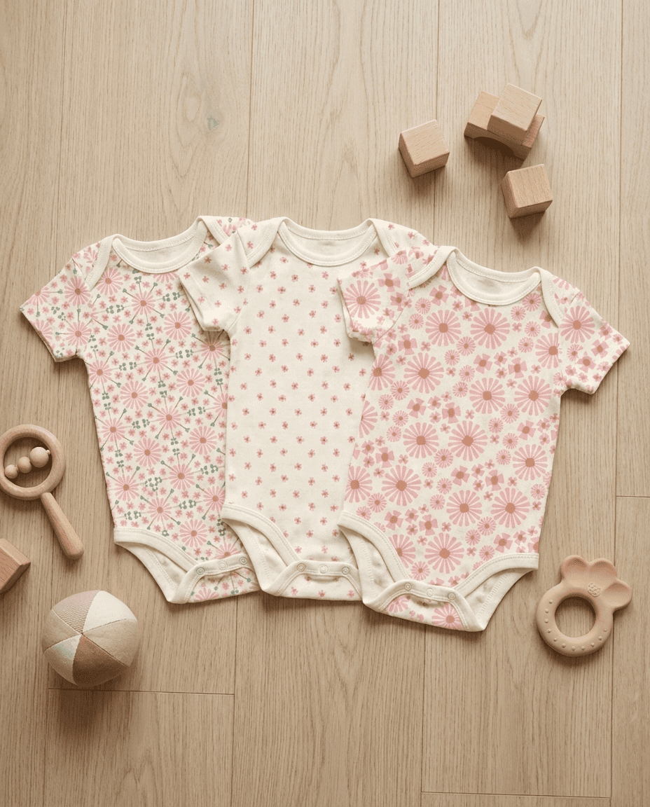 Three baby onesies with Mediterranean Bloom floral and blender prints, styled with wooden toys for baby apparel.