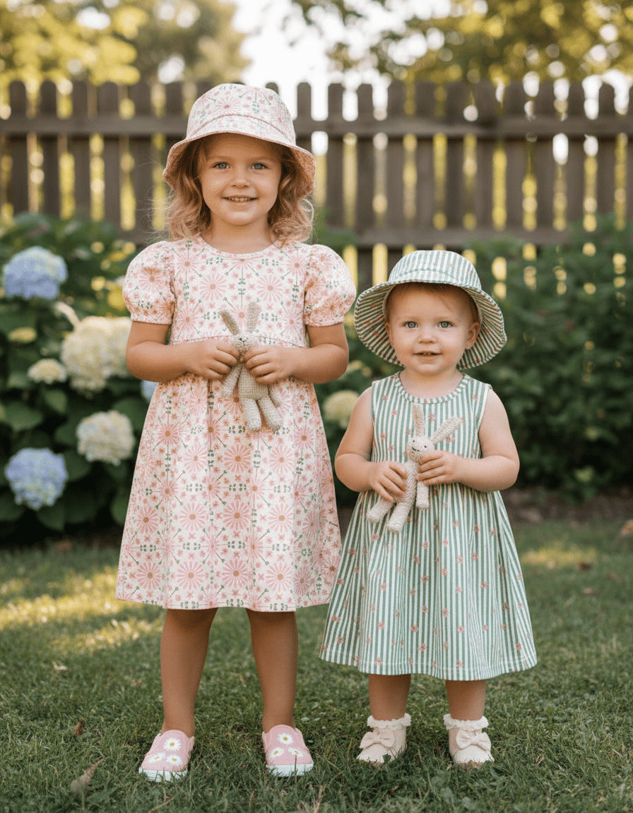 Two girls wearing Mediterranean Bloom dresses with soft floral and stripe prints in a garden setting.