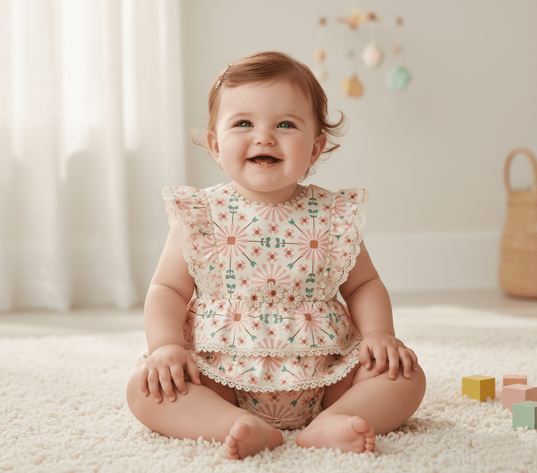 Baby wearing a Mediterranean Bloom floral romper, showing soft pink and green fabric for baby apparel.