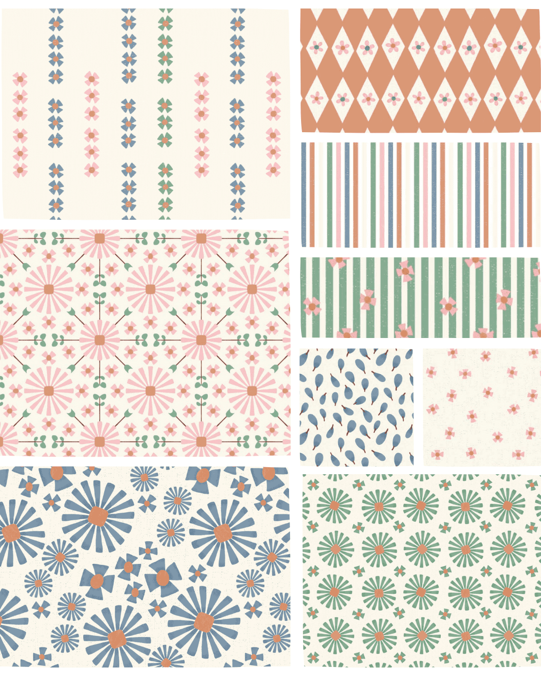 Mediterranean Bloom collection board with florals, stripes, leaves, and geometric patterns in soft coastal colors.