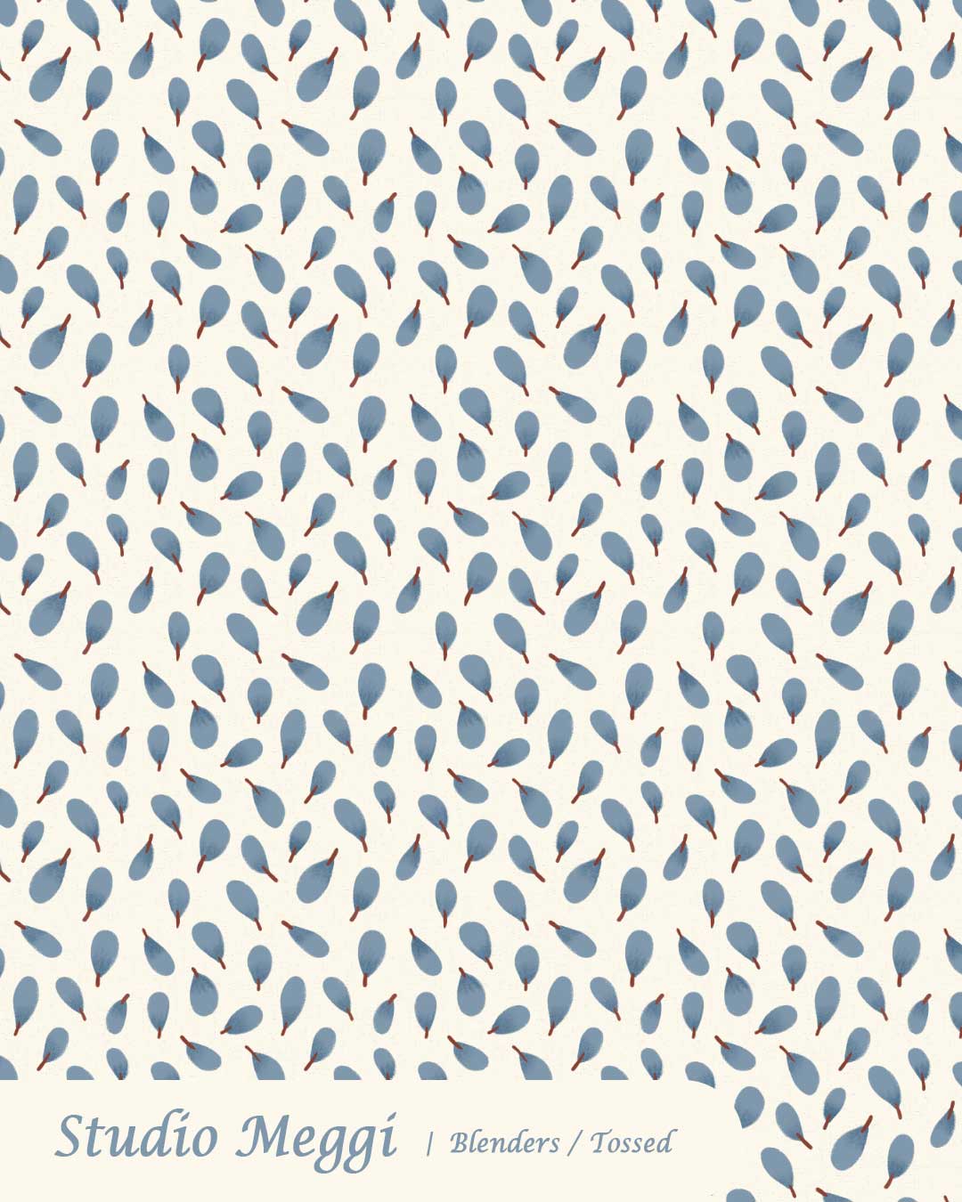 Mediterranean blue painterly leaf blender pattern with soft tossed leaves on cream for children’s fabric and quilting.