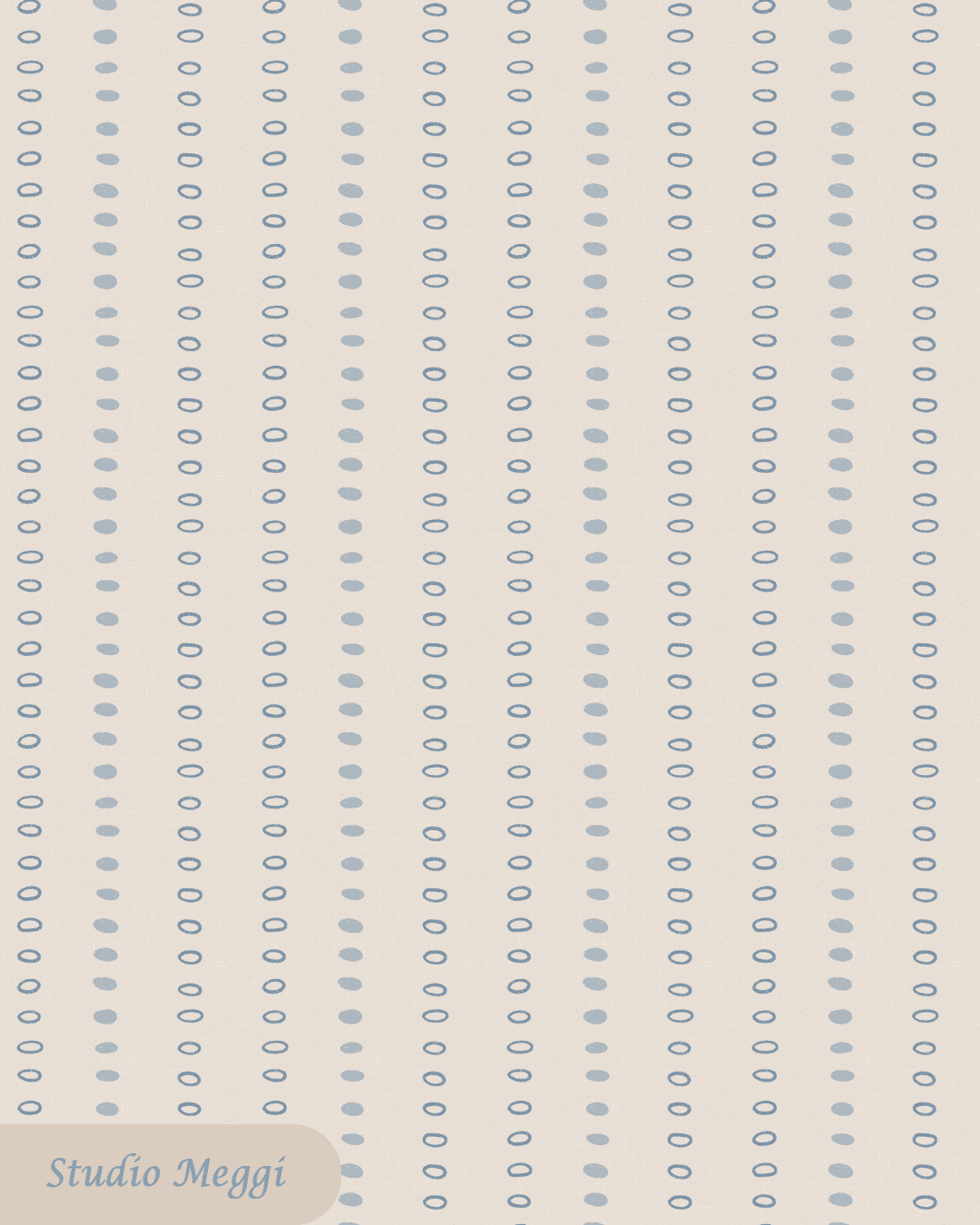 Dusty blue quiet ledger stripe pattern with hand-drawn dots on warm cream background for children’s fabric from the Seigaiha Bloom 1975 collection by Studio Meggi.