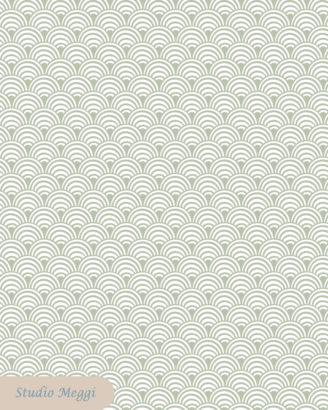 Soft moss green seigaiha scallop wave pattern inspired by Japanese textiles for children’s fabric from the Seigaiha Bloom 1975 collection by Studio Meggi.