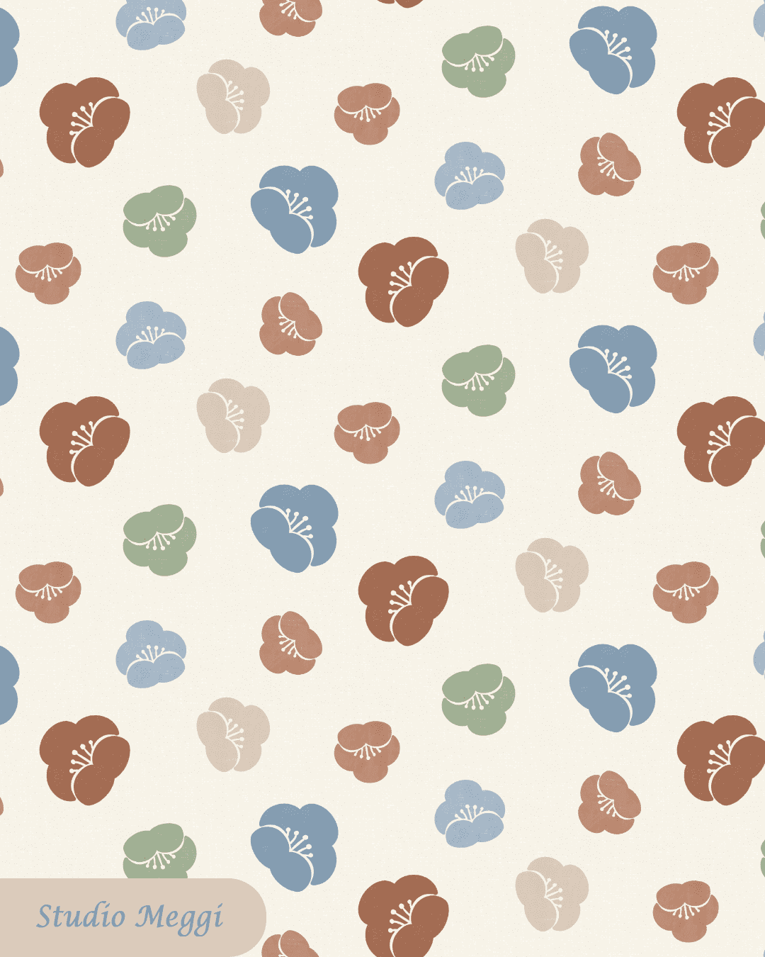 Scattered Japanese plum blossom pattern in dusty blue, sage, clay, and soft taupe for children’s fabric from the Seigaiha Bloom 1975 collection by Studio Meggi.