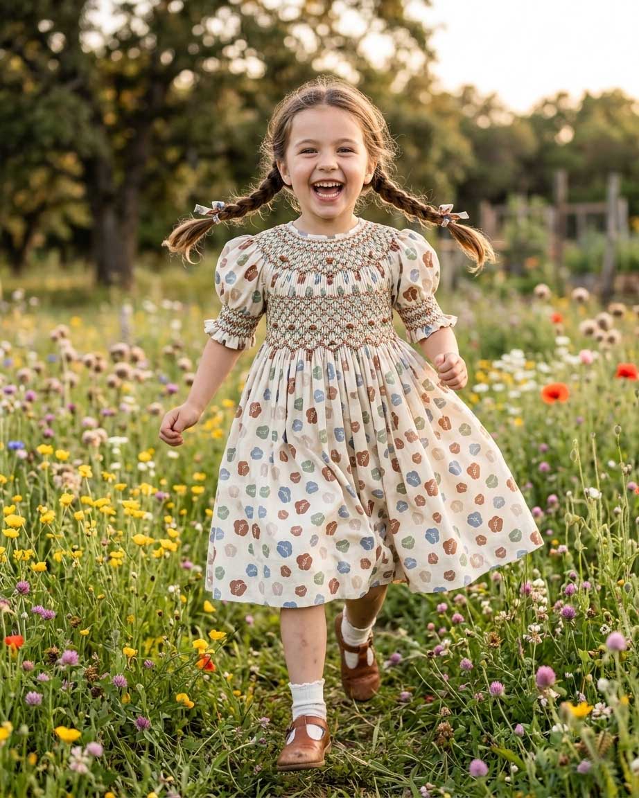 Girl wearing a soft floral smocked dress in cream, sage, blue, and clay tones by Studio Meggi.