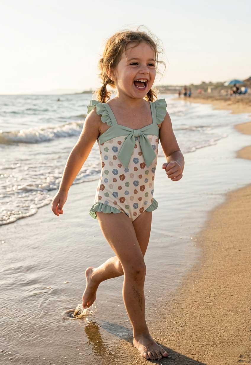 Girl wearing a Scattered Blossoms swimsuit in soft sage, cream, blue, and clay while walking on the beach by Studio Meggi.