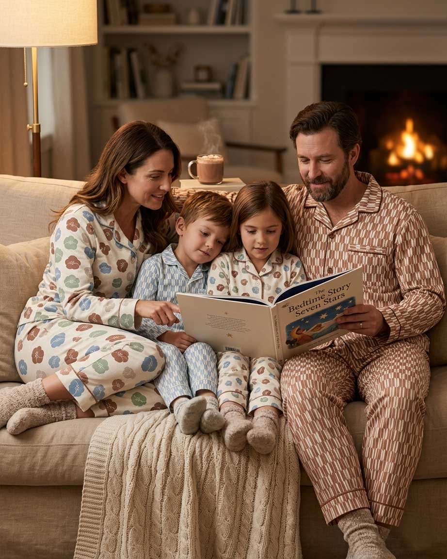 Family wearing Seigaiha Bloom pajamas reads together by the fireplace, showing coordinated kidswear and loungewear fabric.