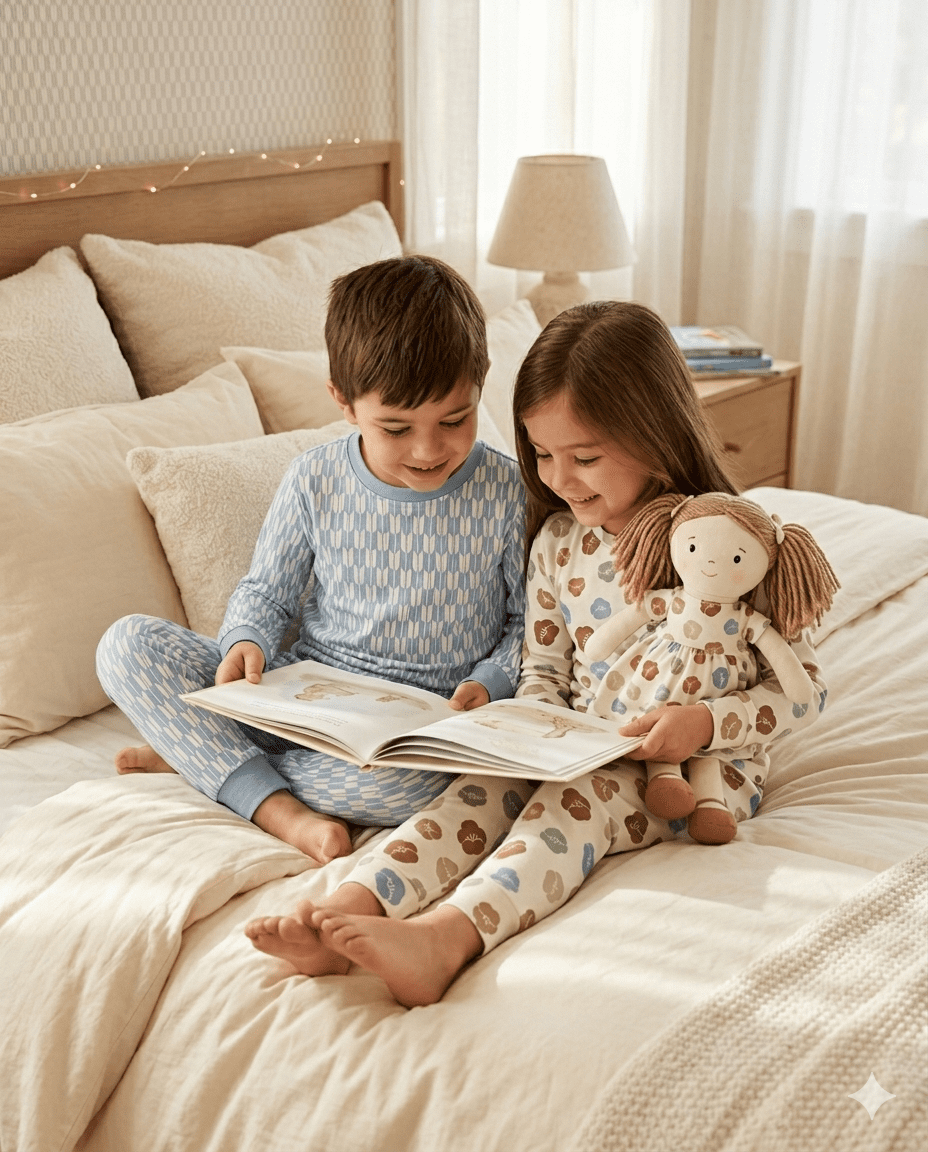 Two children wearing Seigaiha Bloom pajama sets in soft blue, cream, and clay while reading on a bed by Studio Meggi.