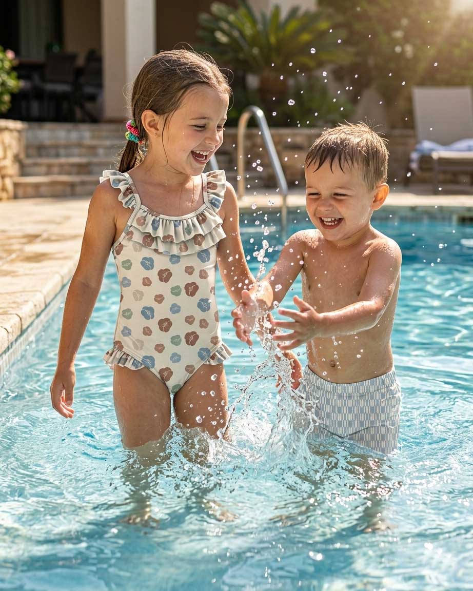 Children wearing Seigaiha Bloom 1975 swimwear in plum blossom and geometric prints by Studio Meggi.