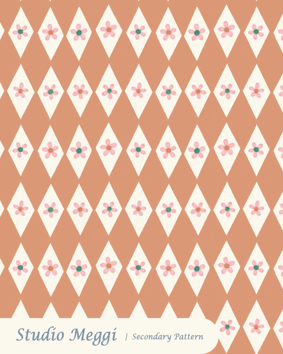 Terracotta diamond pattern with cream shapes and small pink flowers for children’s fabric and quilting.