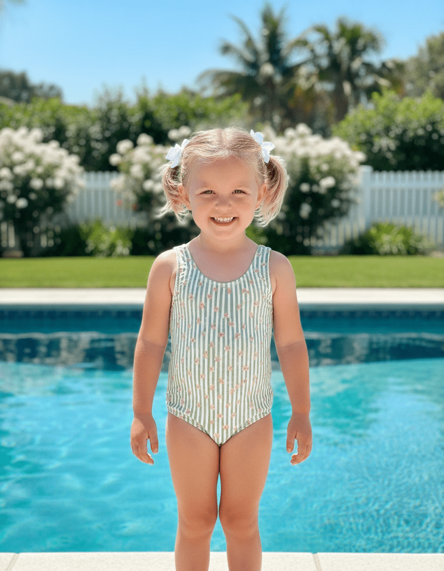 Girl wearing a green stripe floral swimsuit by the pool, showing Mediterranean Bloom fabric for kidswear.