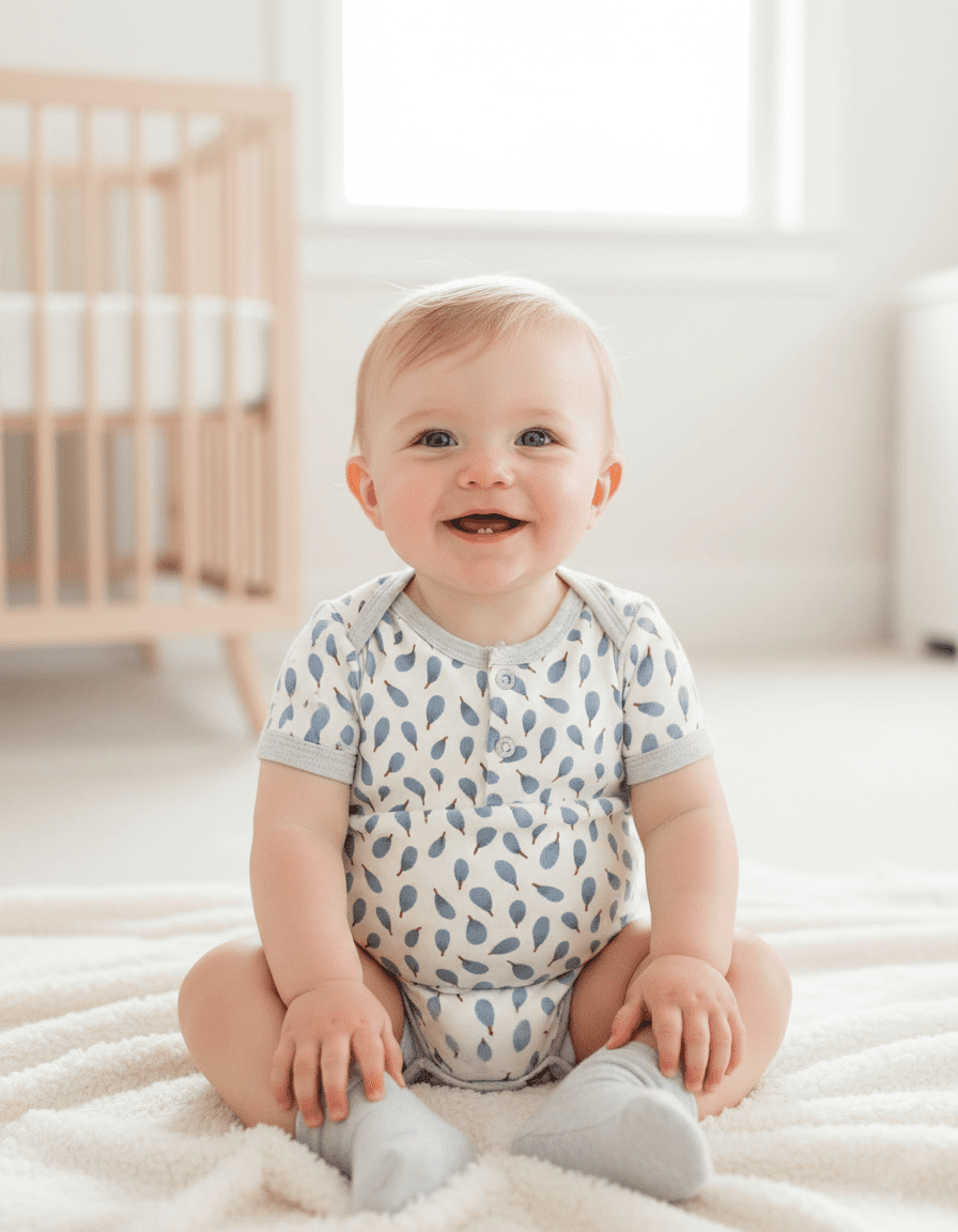 Baby wearing a neutral blue leaf print onesie, showing Mediterranean Bloom fabric for baby apparel.