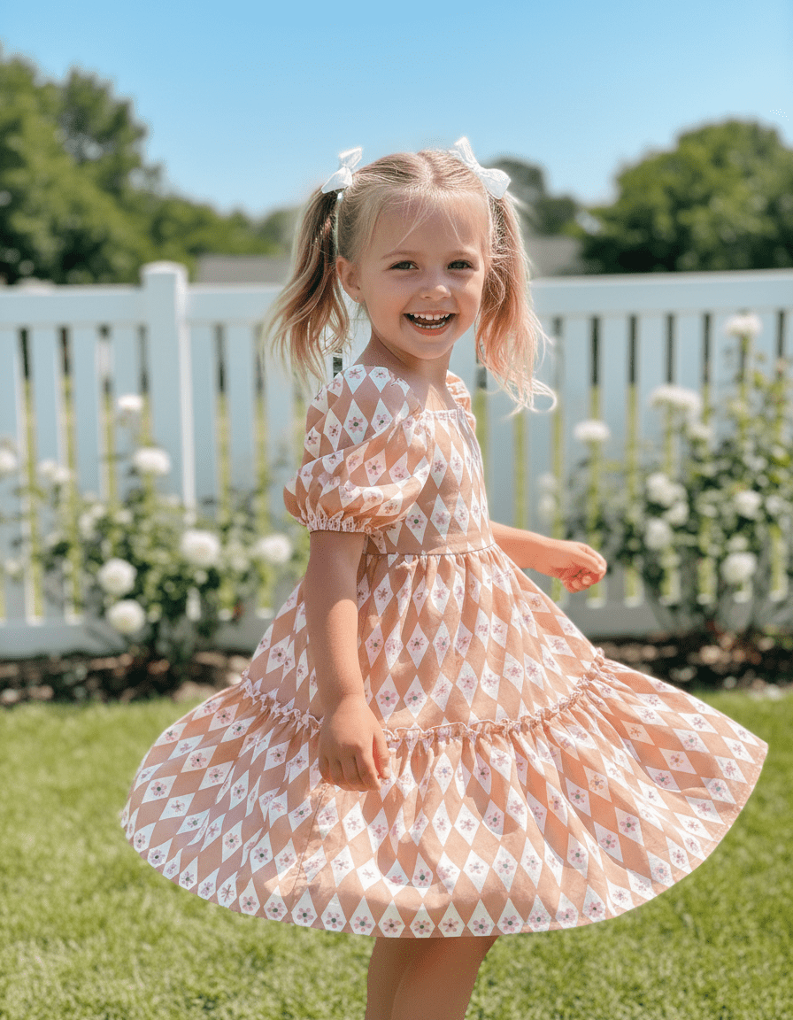 Girl wearing a terracotta diamond floral dress in a garden, showing Mediterranean Bloom fabric for kidswear.