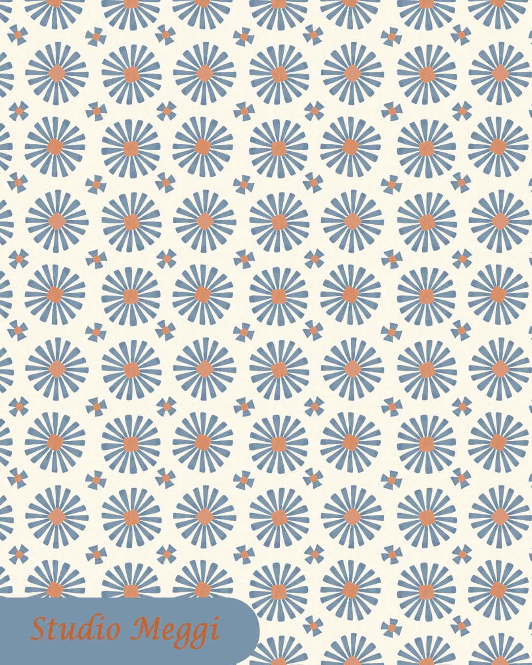 Blue sunlit bloom geometric floral pattern with terracotta centers for children’s fabric and quilting.