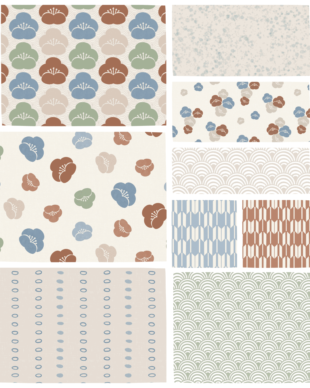 Seigaiha Bloom 1975 collection board with Japanese-inspired florals, waves, geometrics, and blenders by Studio Meggi.