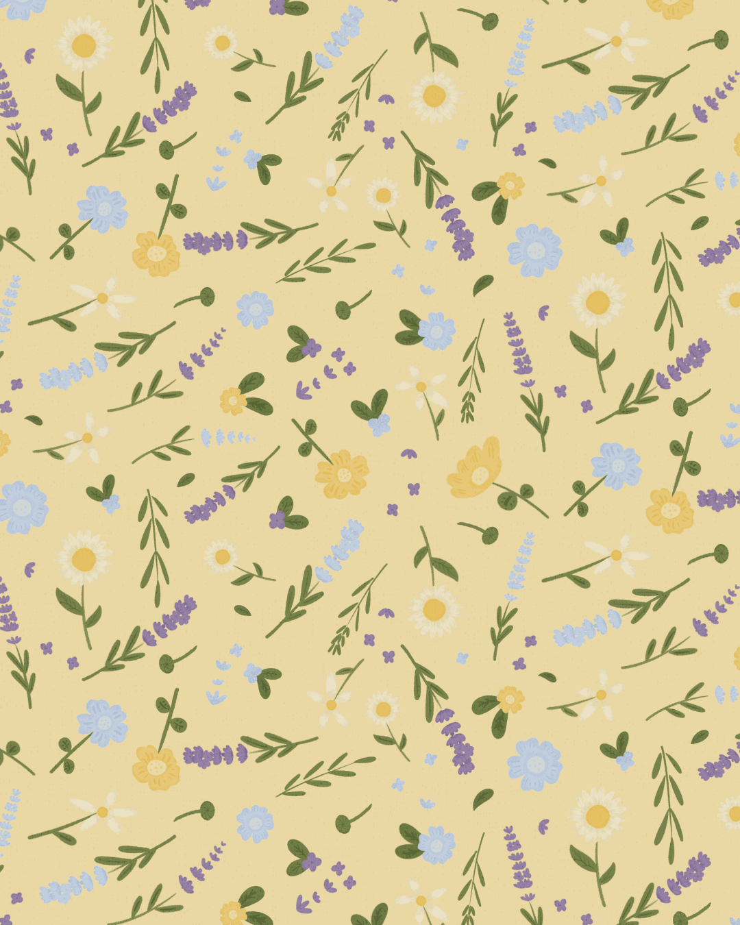 Meadow Garden Buttercream pattern from the Lavender Meadow collection by Studio Meggi, featuring scattered wildflowers on a soft yellow background.