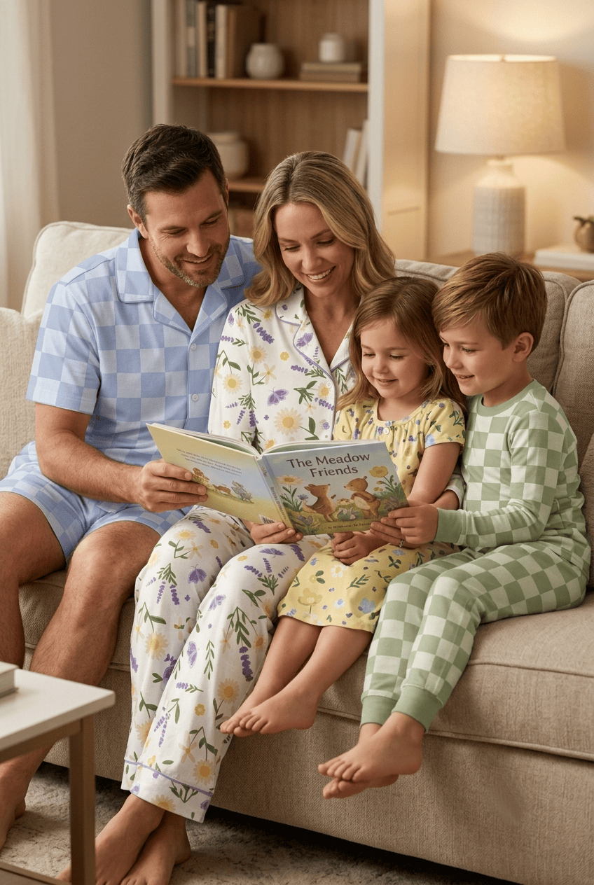 Family wearing Lavender Meadow coordinating pajamas by Studio Meggi, featuring floral, gingham, and botanical prints while reading together.