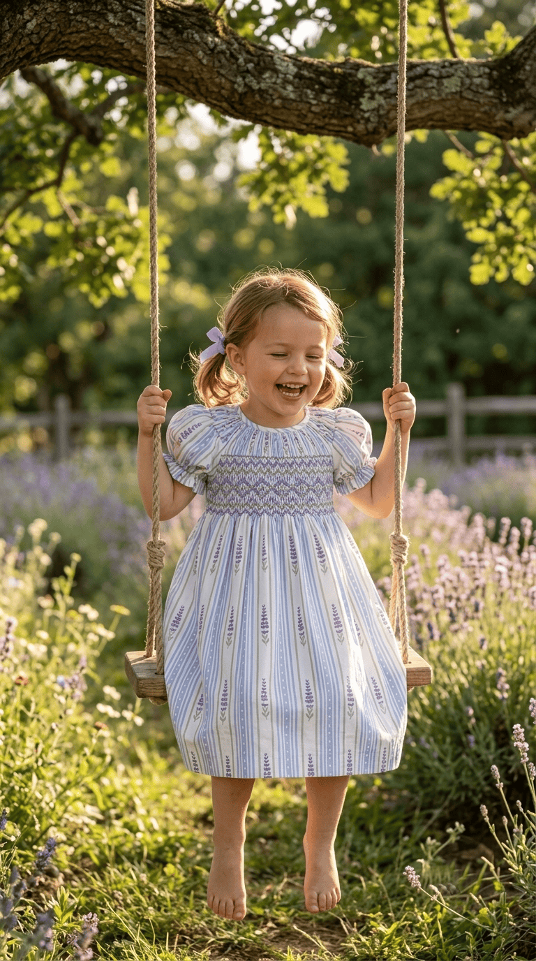 Girl wearing a Lavender Meadow Lavender Shirting dress by Studio Meggi while sitting on a swing in a sunny meadow.