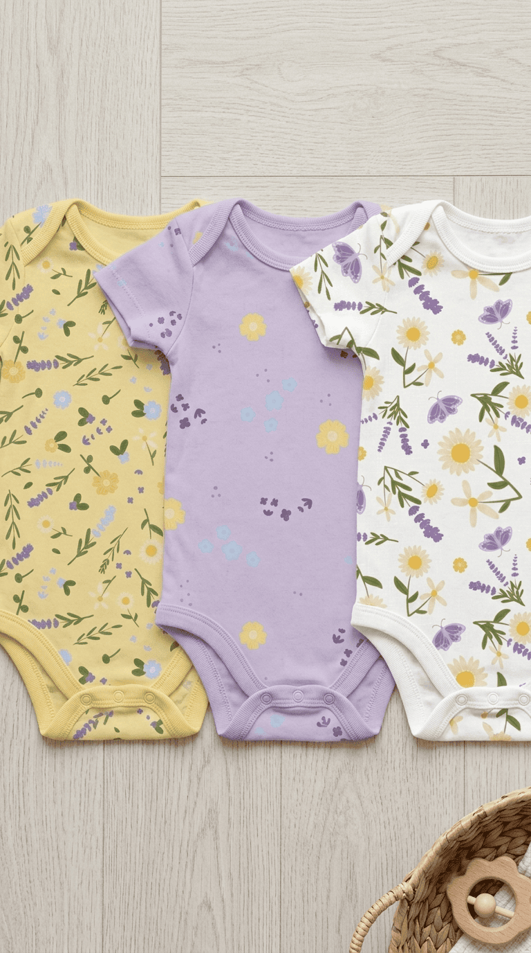 Three Lavender Meadow baby onesies by Studio Meggi, featuring Meadow Garden Buttercream, Lavender Meadow Scatter, and Meadow Wildflowers prints.