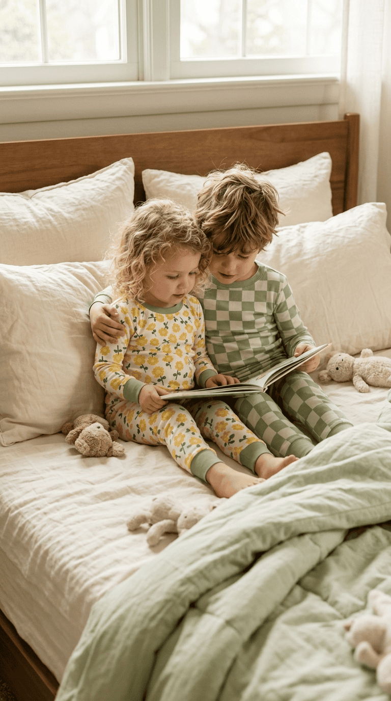 Two children wearing Lavender Meadow pajamas by Studio Meggi, with Buttercup Toss floral and Sage Gingham prints.
