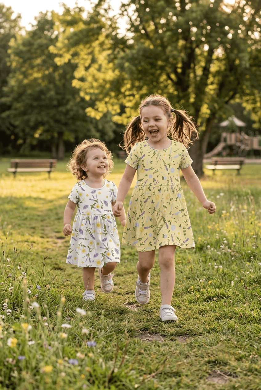 Two girls wearing Lavender Meadow floral dresses by Studio Meggi while walking through a sunny meadow.