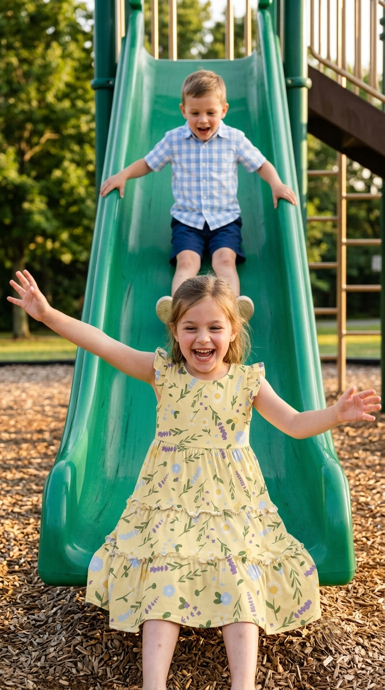 Children playing on a slide while wearing Lavender Meadow kidswear prints by Studio Meggi, including a floral dress and blue gingham shirt.