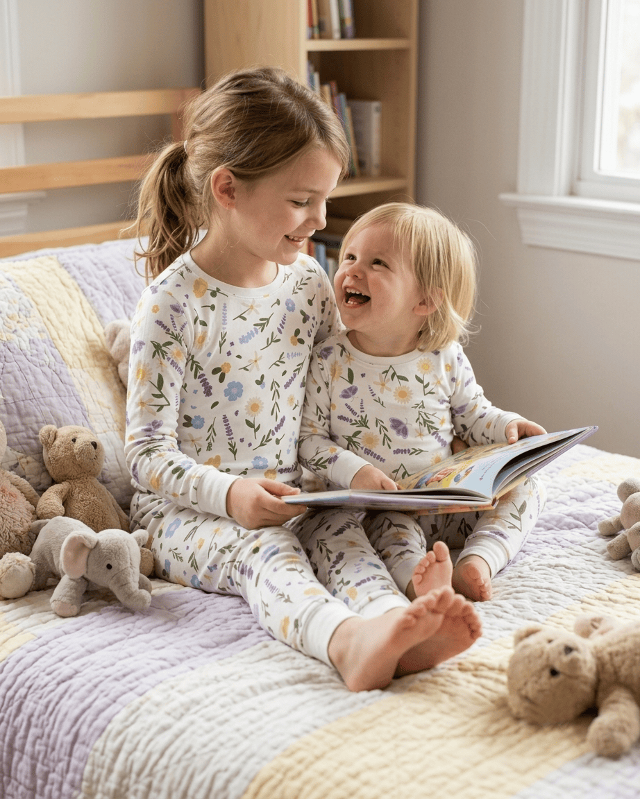 Two children wearing Lavender Meadow floral pajamas by Studio Meggi while reading together on a bed.