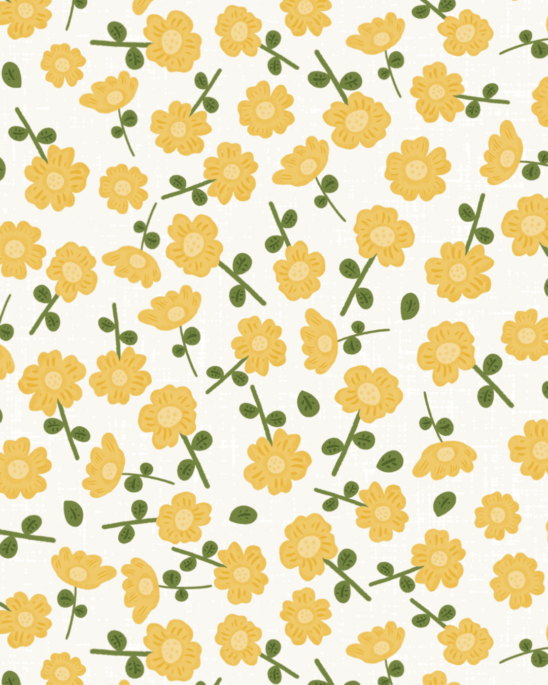 Buttercup Toss pattern from the Lavender Meadow collection by Studio Meggi, featuring yellow buttercup flowers and green leaves on cream.