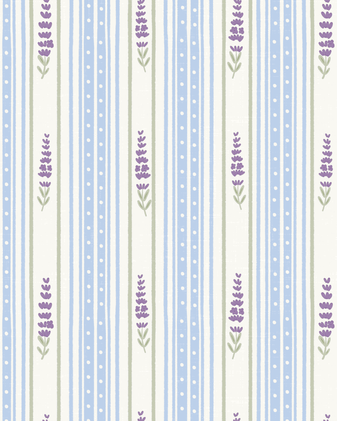 Lavender Shirting Stripe pattern from the Lavender Meadow collection by Studio Meggi, featuring blue stripes, dotted details, and lavender sprigs.