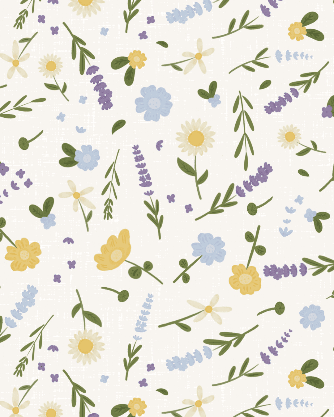 Meadow Garden Cream pattern from the Lavender Meadow collection by Studio Meggi, featuring scattered wildflowers, lavender sprigs, and green leaves.