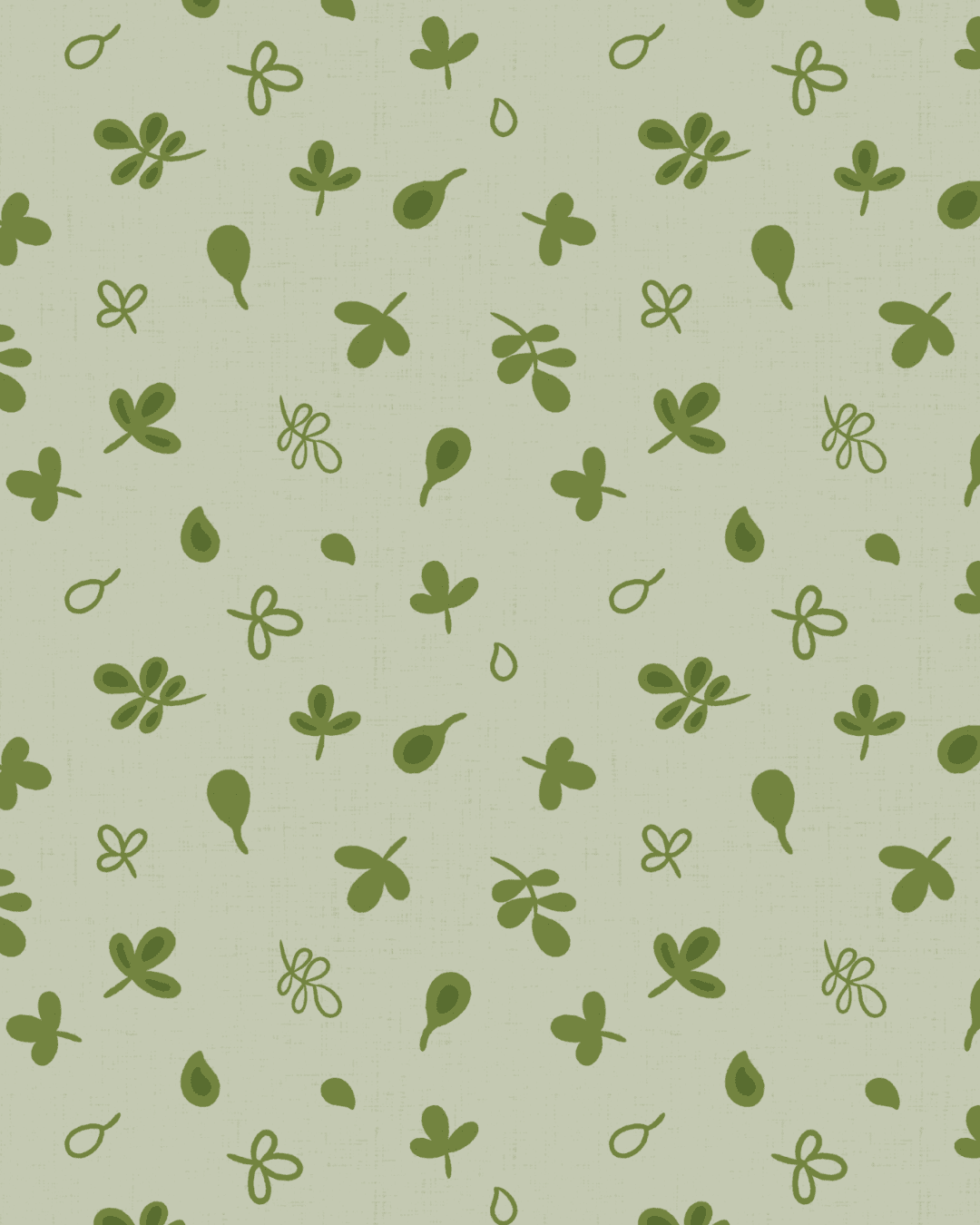 Meadow Leaves pattern from the Lavender Meadow collection by Studio Meggi, featuring small green leaves and botanical shapes on sage.