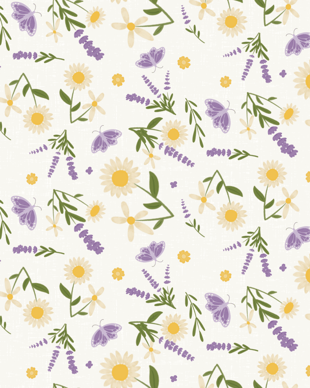 Meadow Wildflowers pattern from the Lavender Meadow collection by Studio Meggi, featuring daisies, lavender sprigs, butterflies, and green leaves.