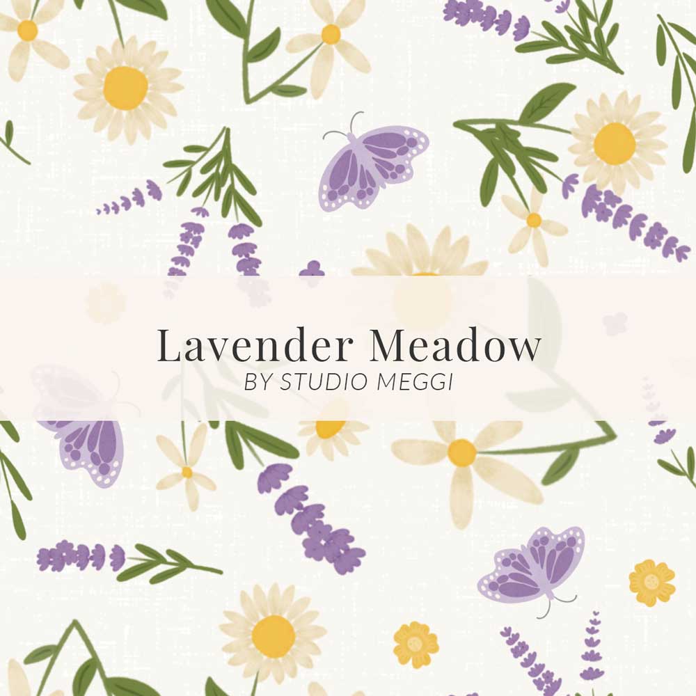 Lavender Meadow portfolio cover with daisies, lavender sprigs, butterflies, and soft botanical motifs by Studio Meggi.